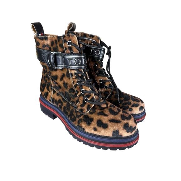 NEW Tommy Hilfiger Parsins Leopard Velvet Combat Boots Size 6.5 Chunky Sole - Picture 2 of 6